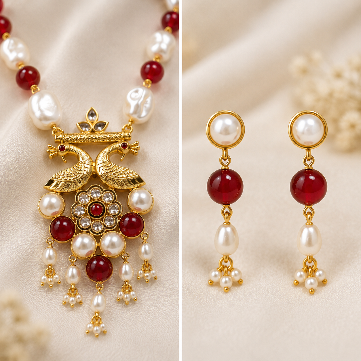 Gold Double Peacock Pendant Necklace Set with Ruby Red Beads & Baroque Pearls