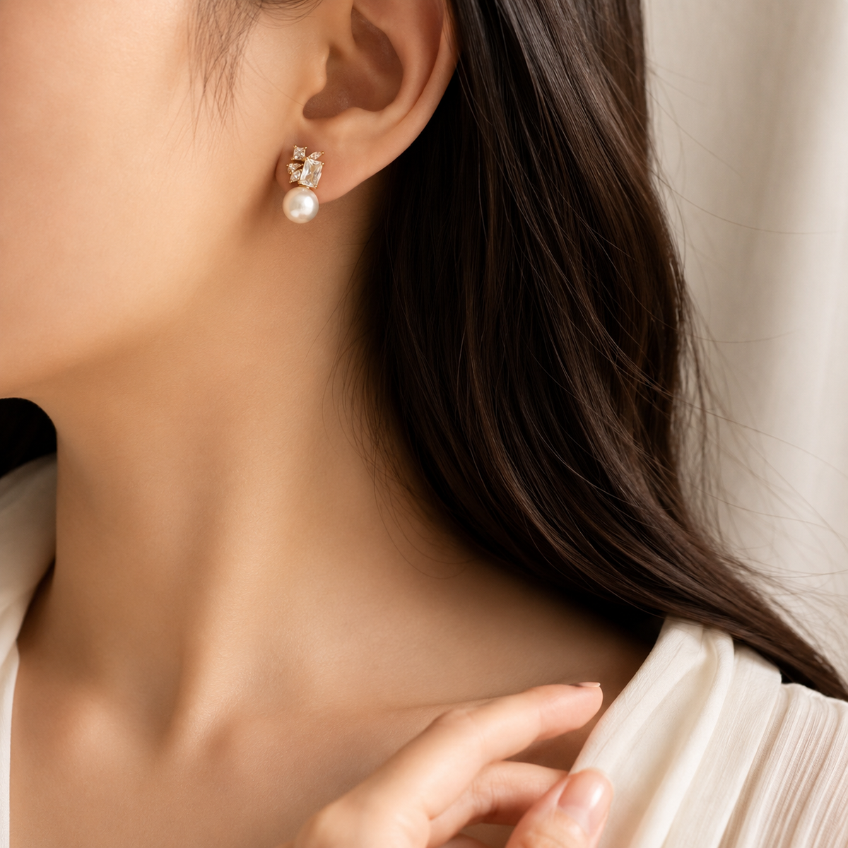 Gold-Plated Baguette Crystal Cluster Pearl Stud Earrings