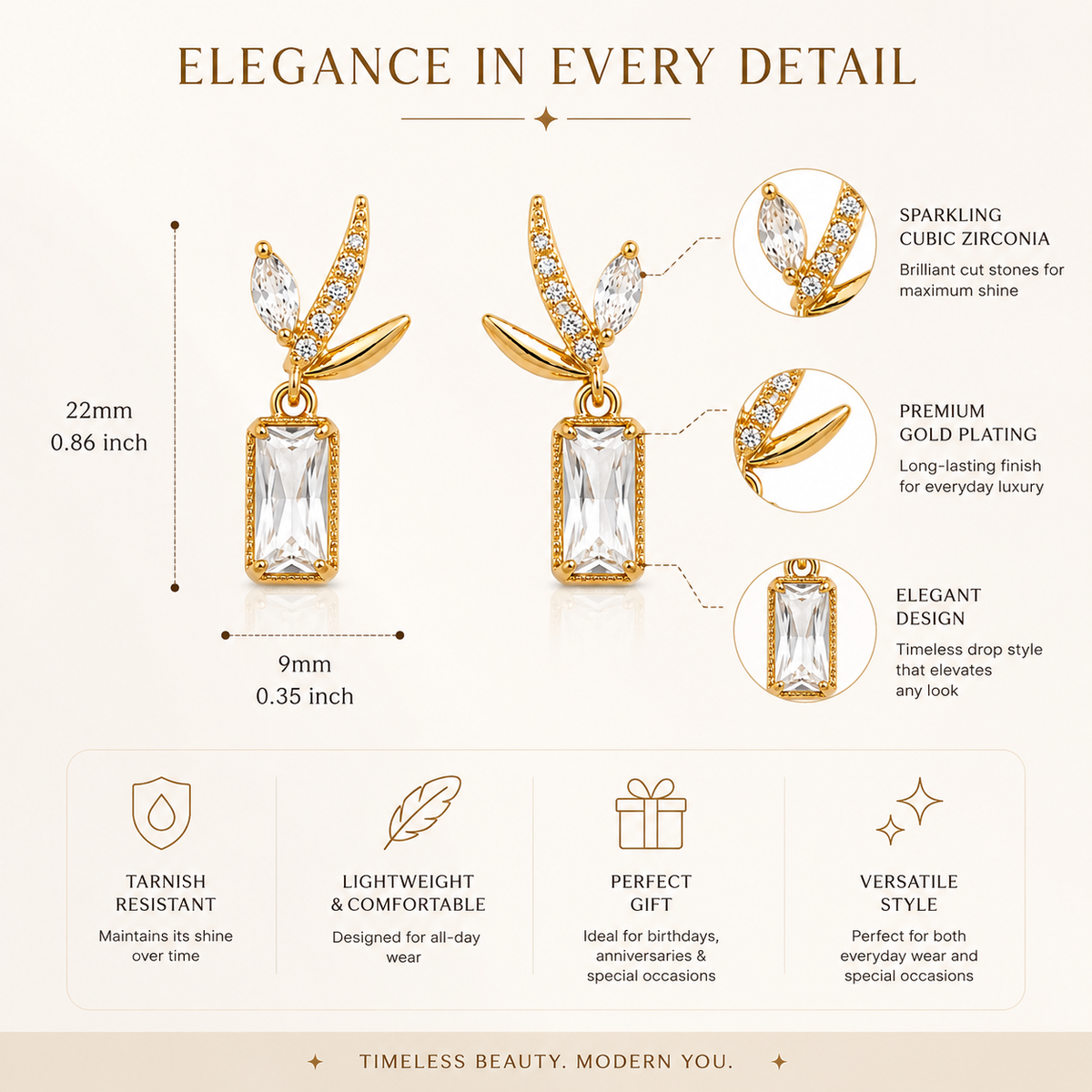 Gold-Plated Leaf Design Baguette Crystal Drop Earrings
