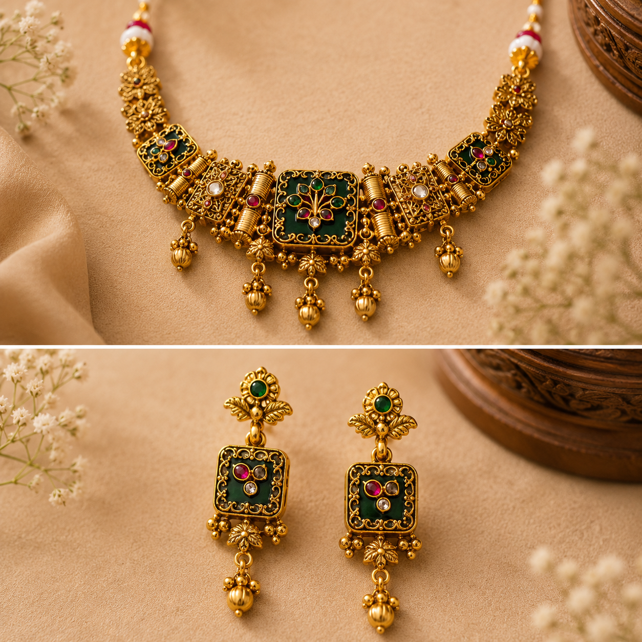 Gold Temple Jewelry Square Pendant Necklace Set with Drop Earrings