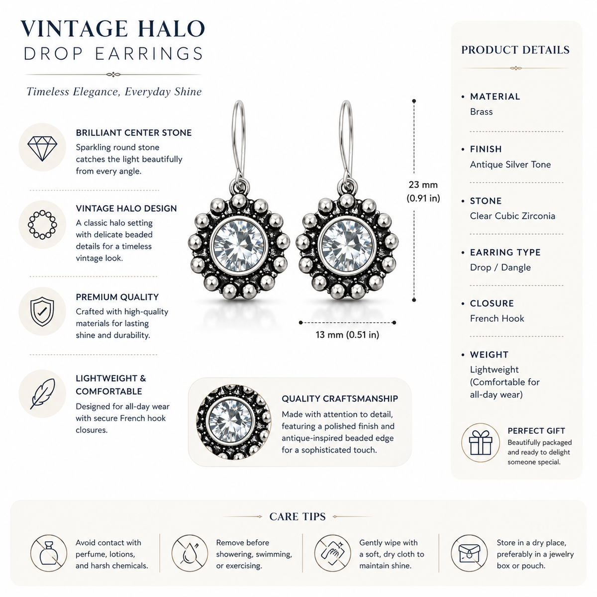 Oxidized Silver Round CZ Beaded Halo Drop Earrings