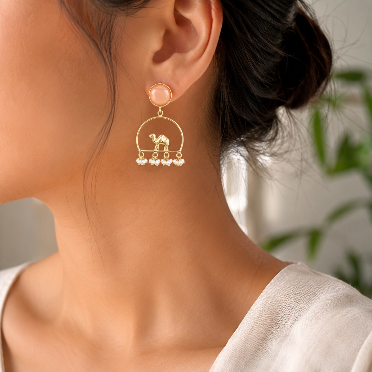 Gold-Plated Camel Chandbali Earrings with Peach Stone & Pearl Tassels