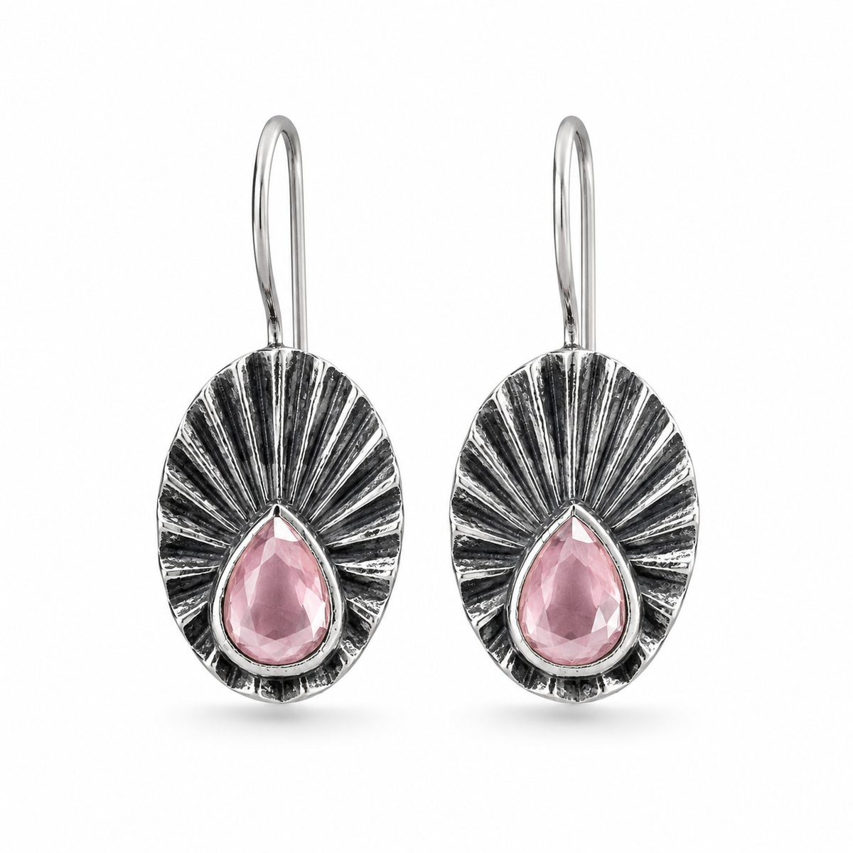 Oxidized Silver Sunburst Pink Crystal Drop Earrings