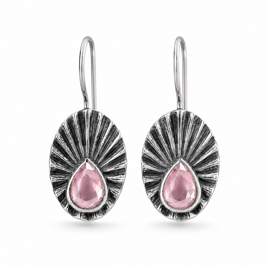 Oxidized Silver Sunburst Pink Crystal Drop Earrings
