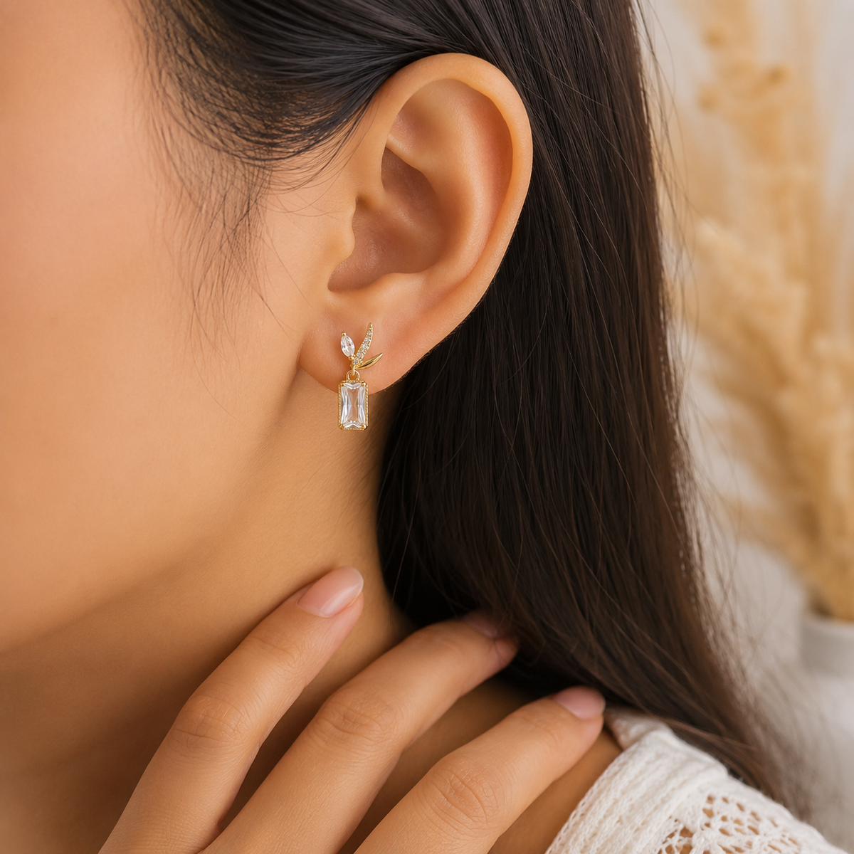 Gold-Plated Leaf Design Baguette Crystal Drop Earrings