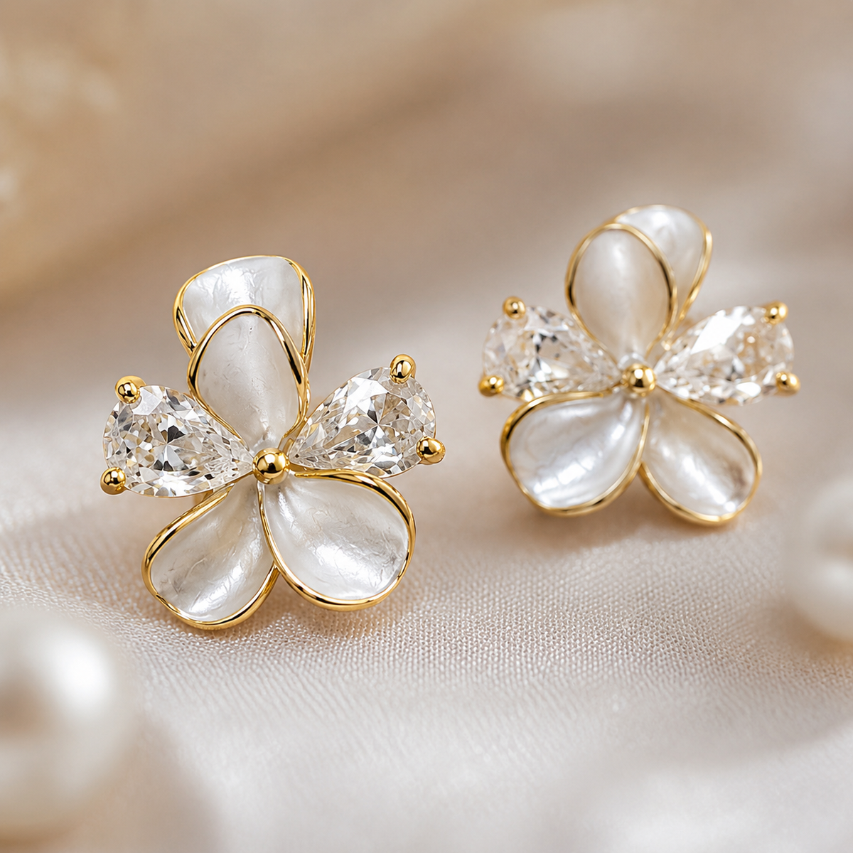 Shell Petal Crystal Flower Stud Earrings