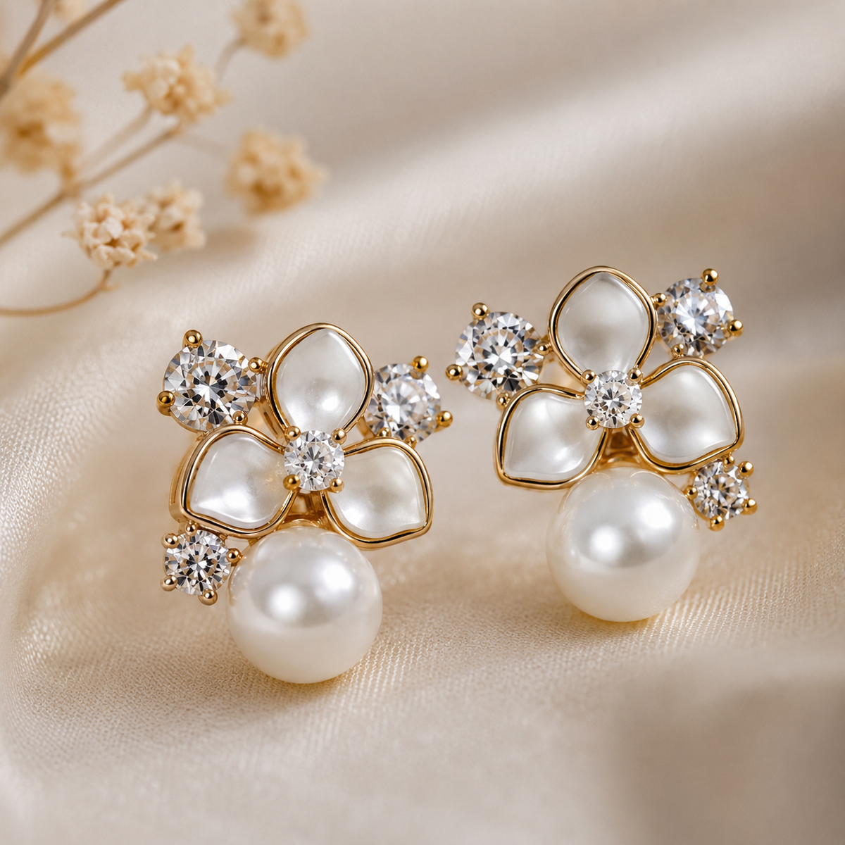White Enamel Flower Crystal Stud Earrings with Pearl Drop