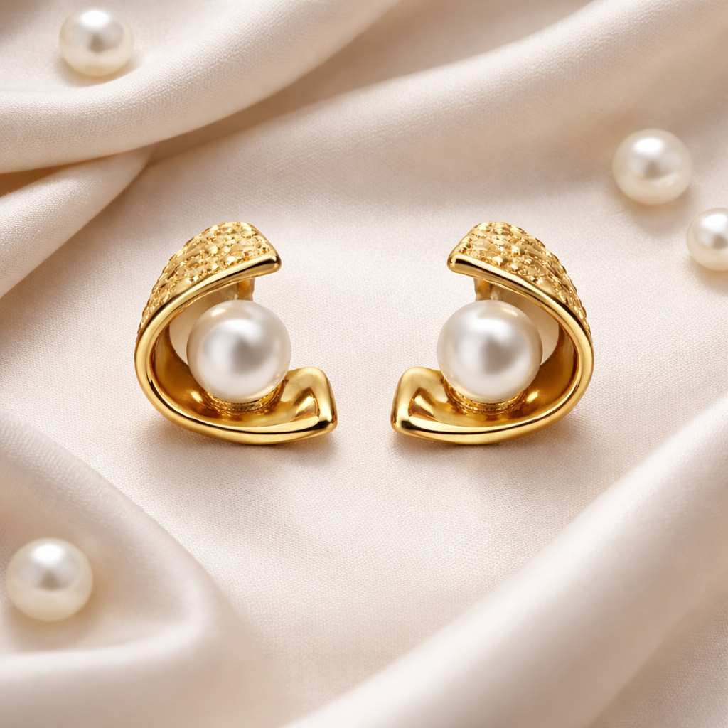 Gold-Plated Textured Swirl Pearl Stud Earrings