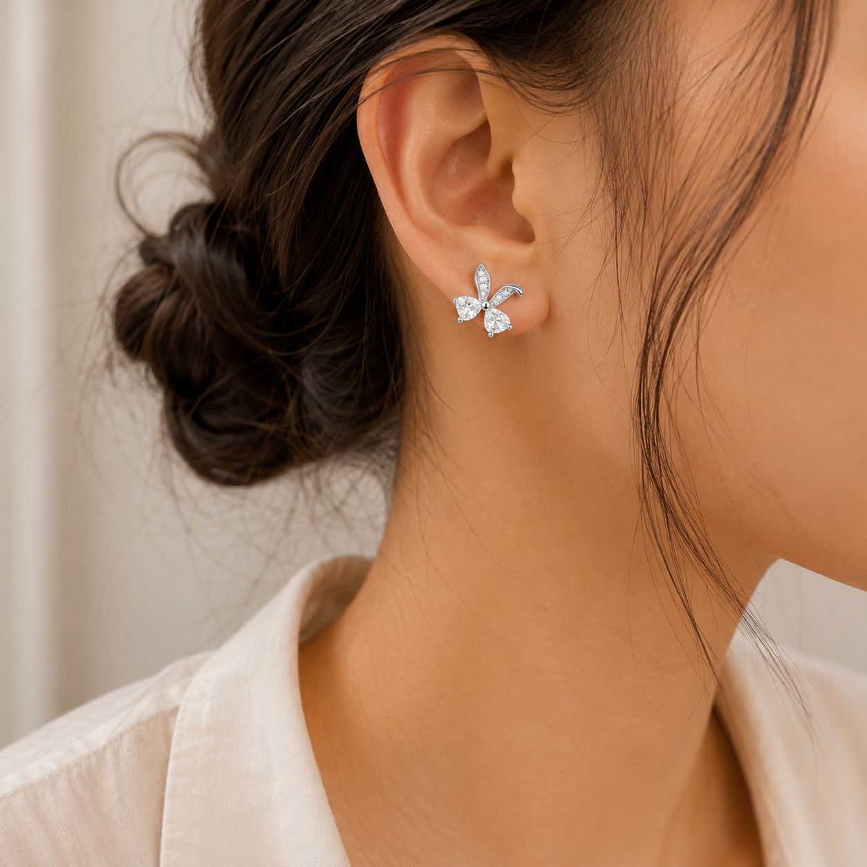 Silver Rhodium-Plated Bunny Bow Crystal Stud Earrings