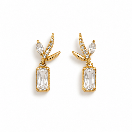 Gold-Plated Leaf Design Baguette Crystal Drop Earrings