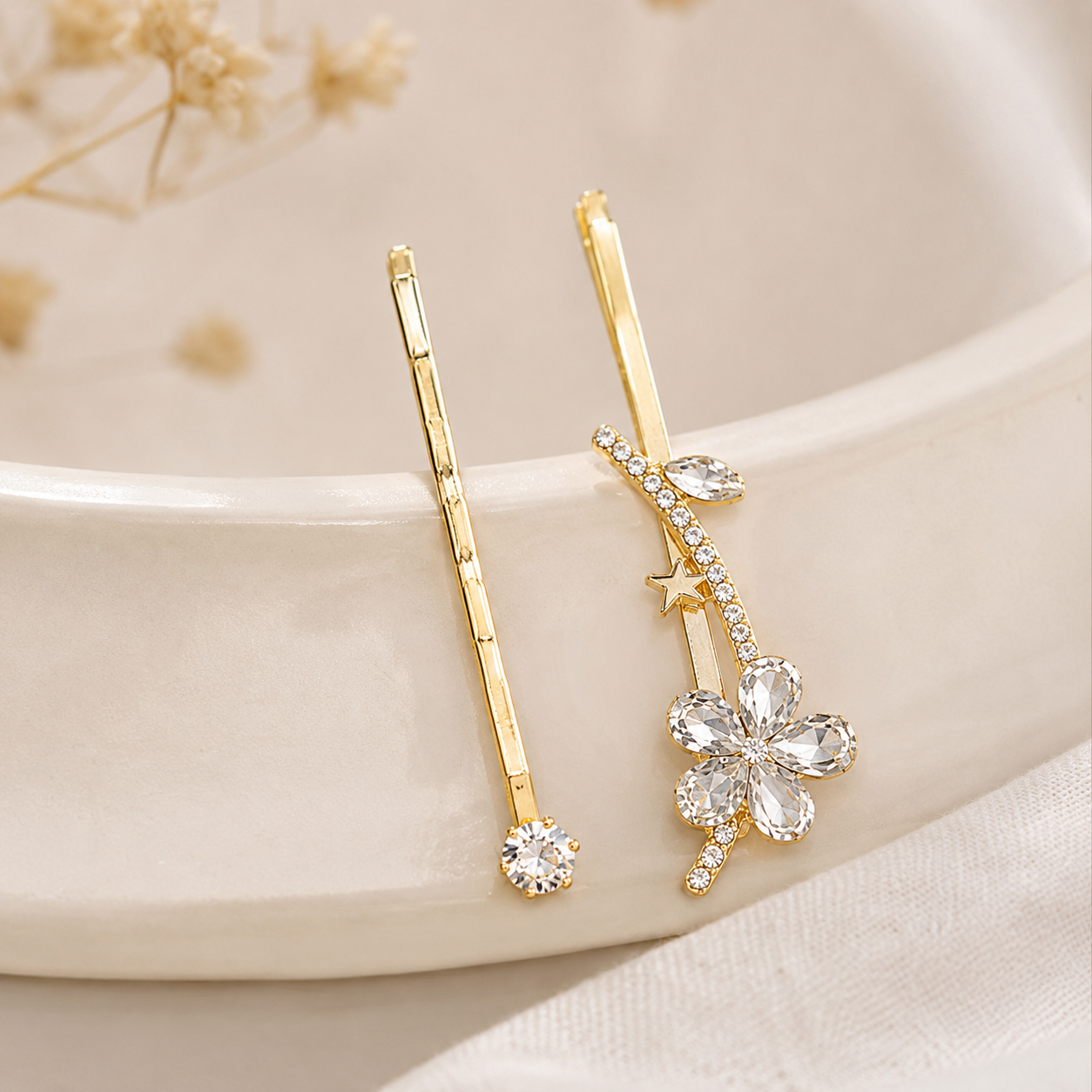Gold Plated Crystal Flower Hair Pins Set – Star Design Bobby Pins for Women (Pack of 2)
