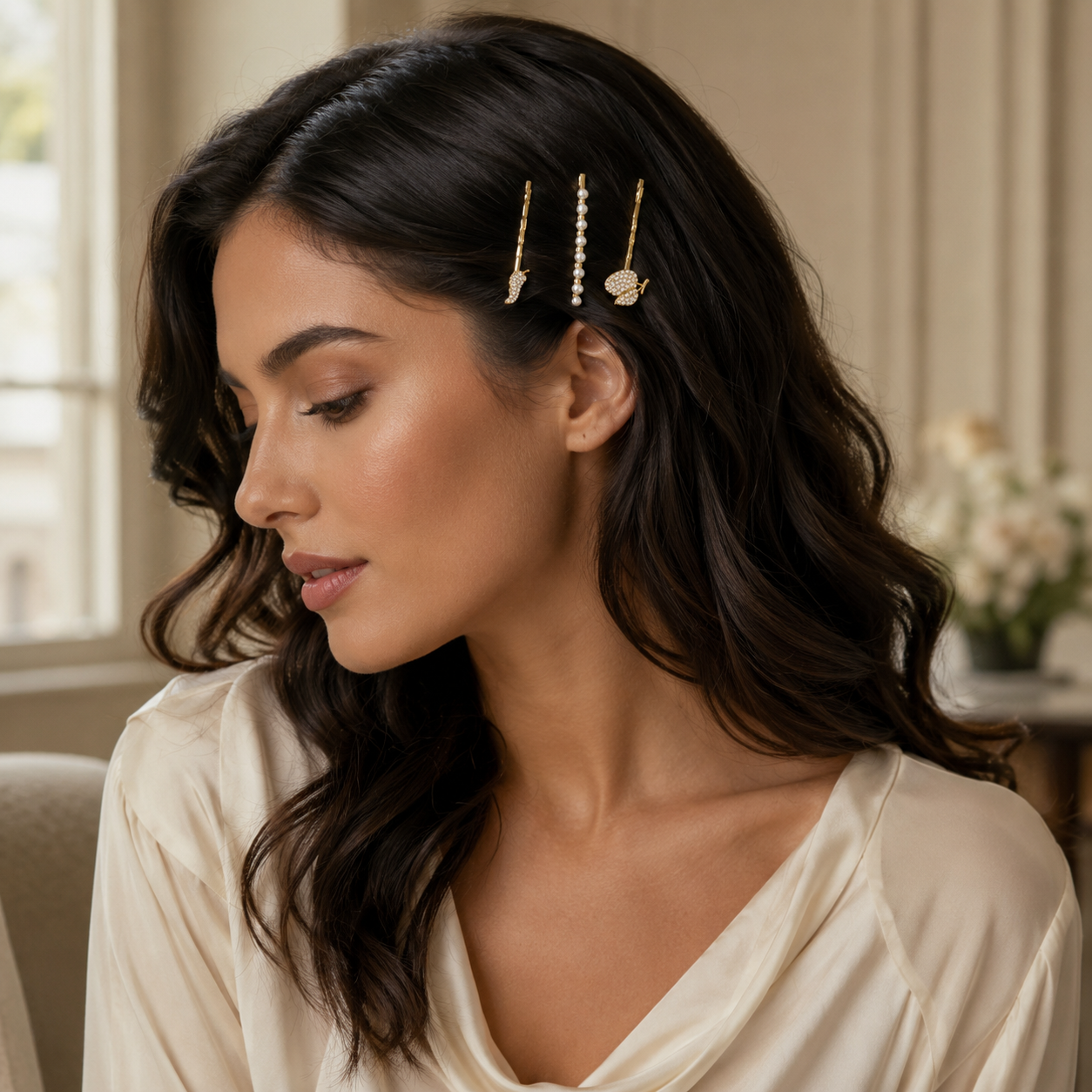 Gold Plated Crystal Pearl Hair Pins Set – Cute Fruit Design Bobby Pins for Women (Pack of 3)
