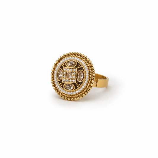 Gold Round Pearl Border Champagne Crystal Ring