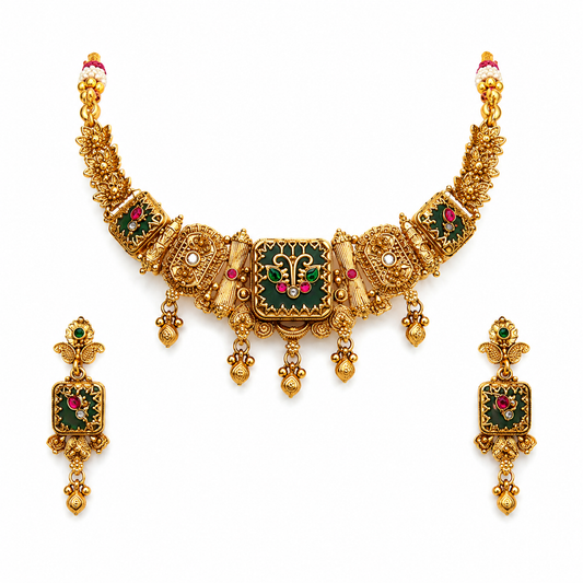Gold Temple Jewelry Square Pendant Necklace Set with Drop Earrings