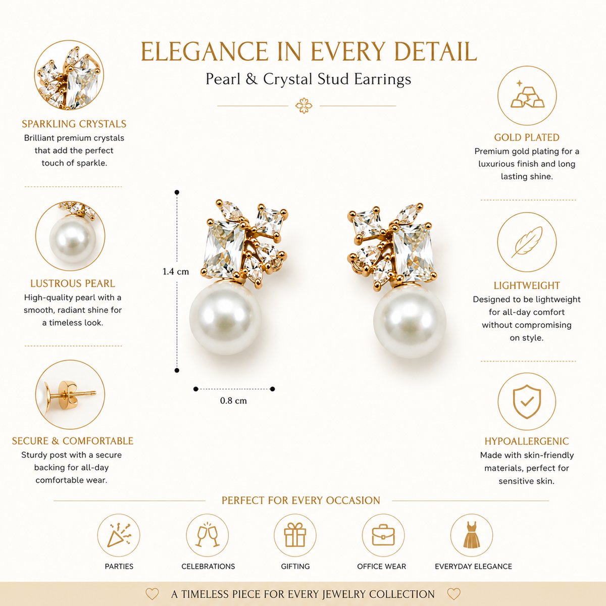 Gold-Plated Baguette Crystal Cluster Pearl Stud Earrings
