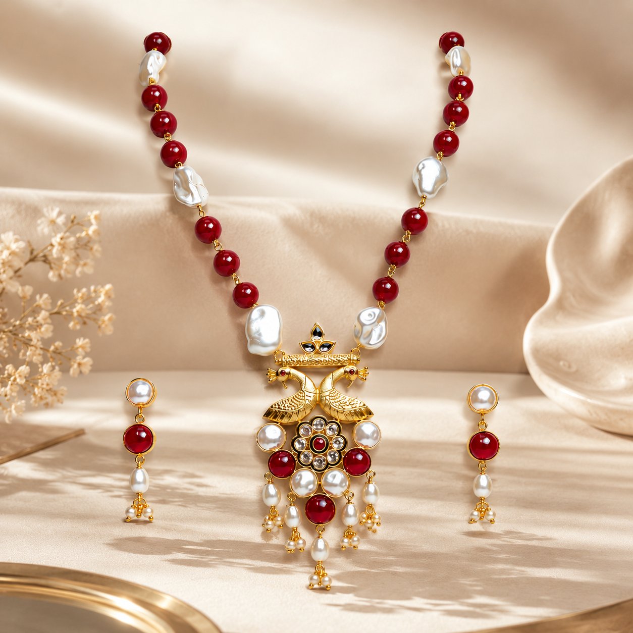 Gold Double Peacock Pendant Necklace Set with Ruby Red Beads & Baroque Pearls