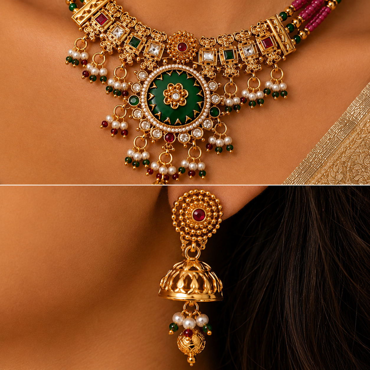 Gold Kundan Temple Jewelry Necklace Set with Jhumka Earrings