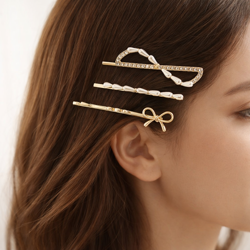 Elegant Faux Pearl and Crystal Hair Pin Trio – 3-Piece Gold Bobby Pin Set with Bow Accent
