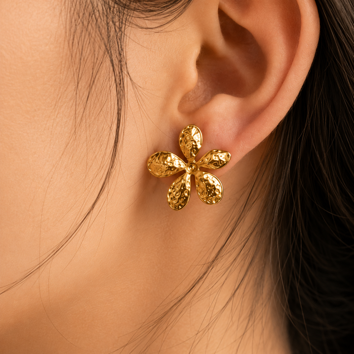 Hammered Gold Flower Statement Stud Earrings