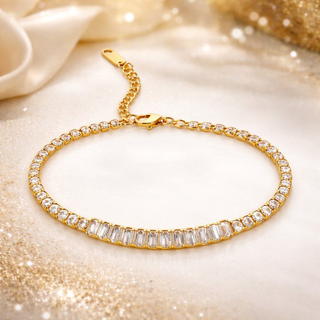 Gold Plated Mixed-Cut Tennis Bracelet – Baguette & Round Cubic Zirconia Chain