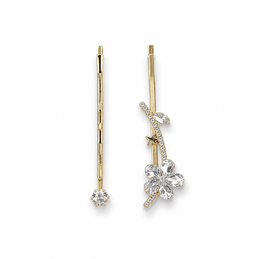 Gold Plated Crystal Flower Hair Pins Set – Star Design Bobby Pins for Women (Pack of 2)