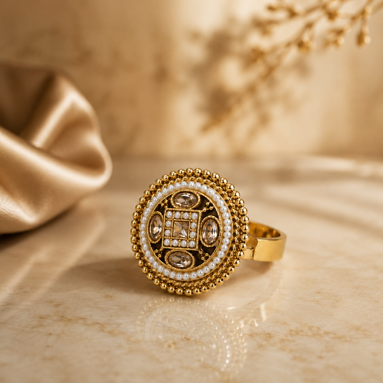 Gold Round Pearl Border Champagne Crystal Ring