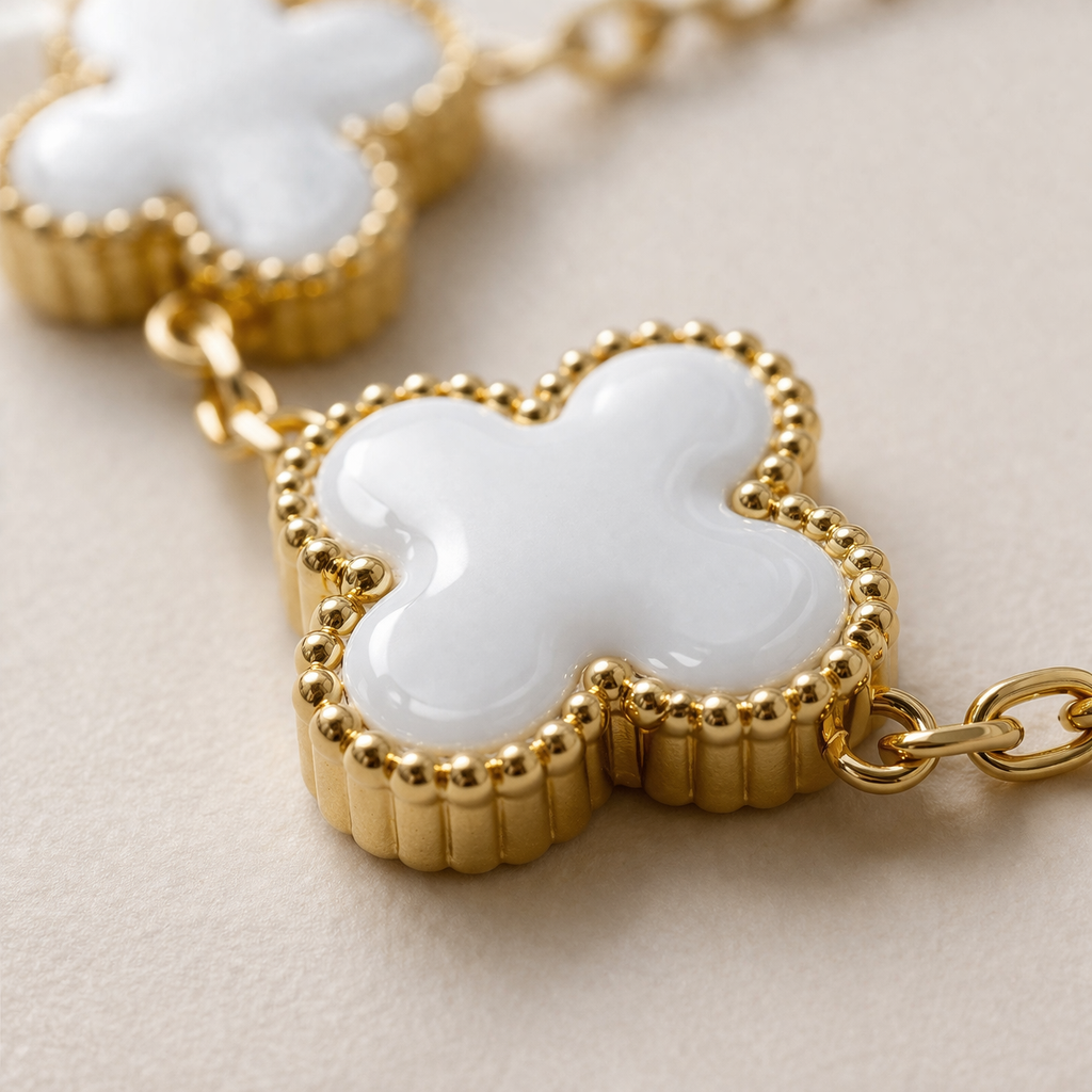 Gold-Plated White Mother-of-Pearl Five Clover Charm Bracelet