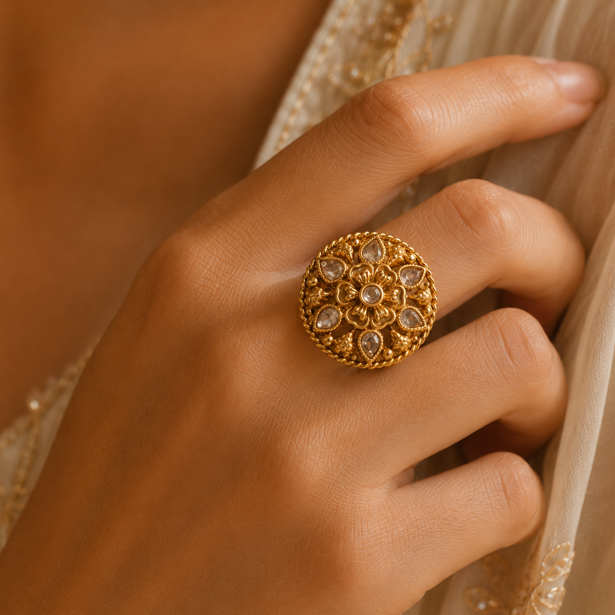 Gold Floral Filigree Teardrop Crystal Ring