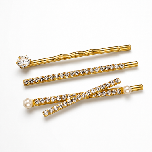 Gold Plated Crystal Rhinestone Hair Pins Set – Pearl Bobby Pins for Women (Pack of 3)