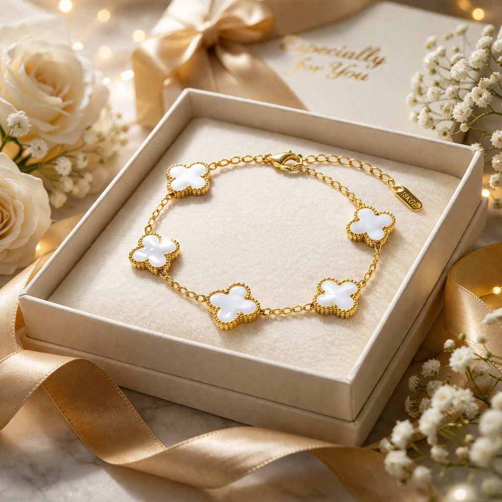 Gold-Plated White Mother-of-Pearl Five Clover Charm Bracelet