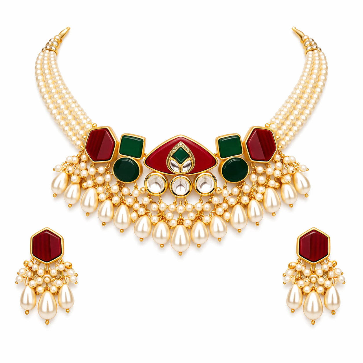Multi-Strand Pearl Choker Necklace Set with Red & Green Kundan Pendant