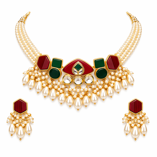 Multi-Strand Pearl Choker Necklace Set with Red & Green Kundan Pendant