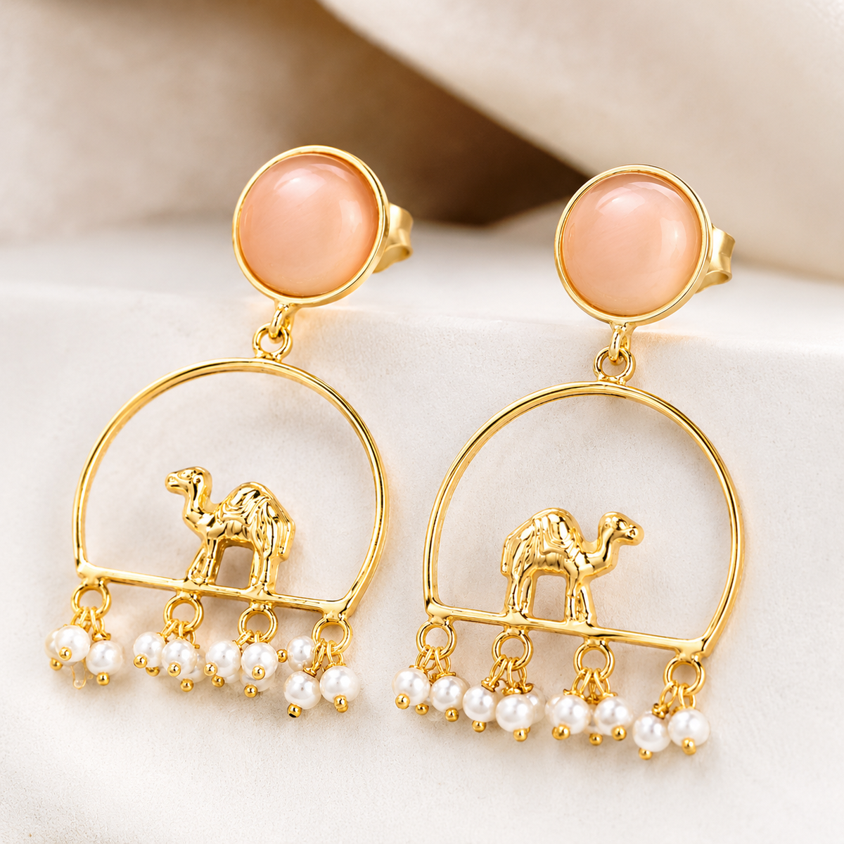 Gold-Plated Camel Chandbali Earrings with Peach Stone & Pearl Tassels