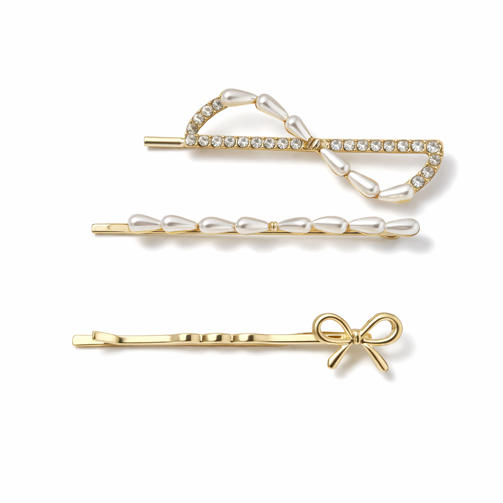 Elegant Faux Pearl and Crystal Hair Pin Trio – 3-Piece Gold Bobby Pin Set with Bow Accent