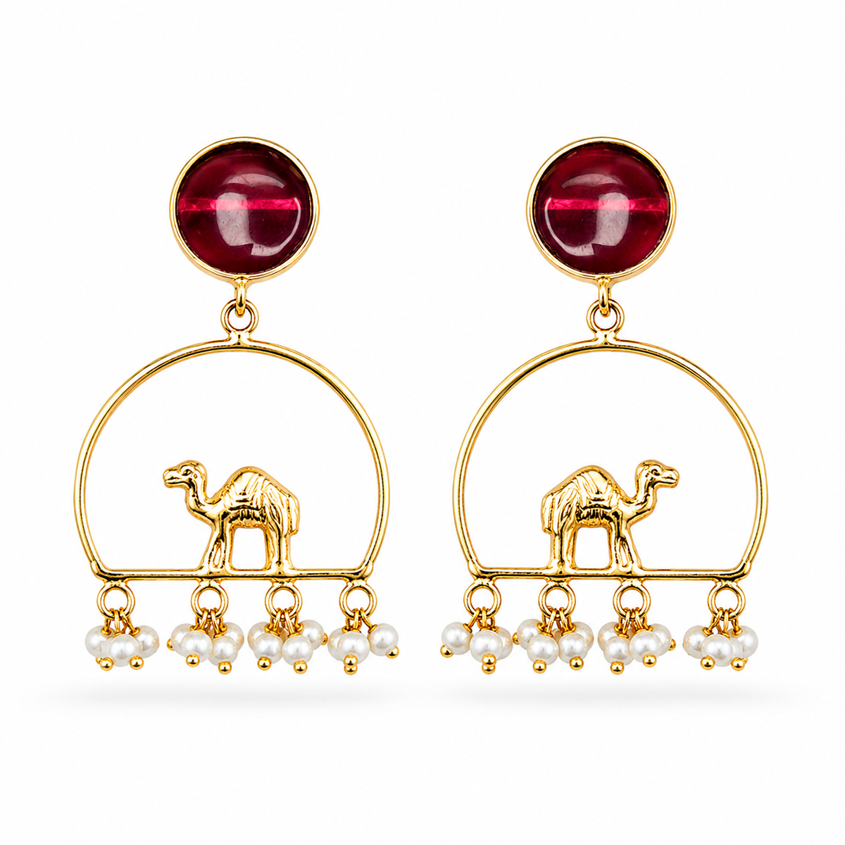 Gold-Plated Camel Chandbali Earrings with Ruby Red Stone & Pearl Tassels