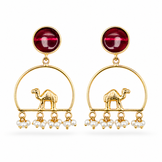 Gold-Plated Camel Chandbali Earrings with Ruby Red Stone & Pearl Tassels