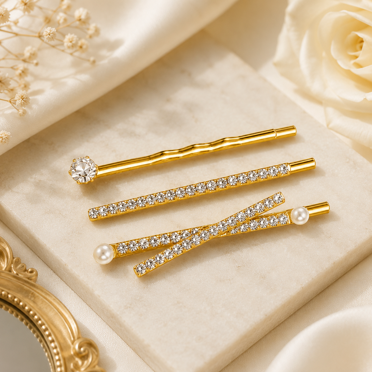 Gold Plated Crystal Rhinestone Hair Pins Set – Pearl Bobby Pins for Women (Pack of 3)