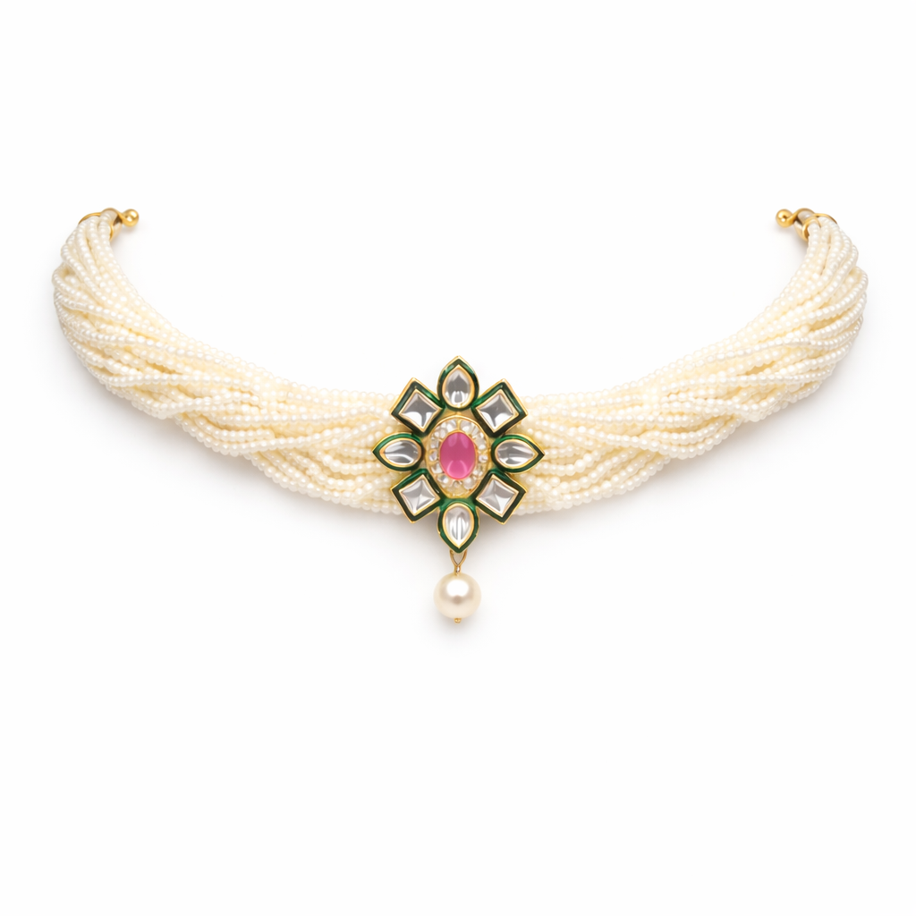 Multi-Strand Pearl Choker Necklace Set with Green Meenakari Flower Pendant