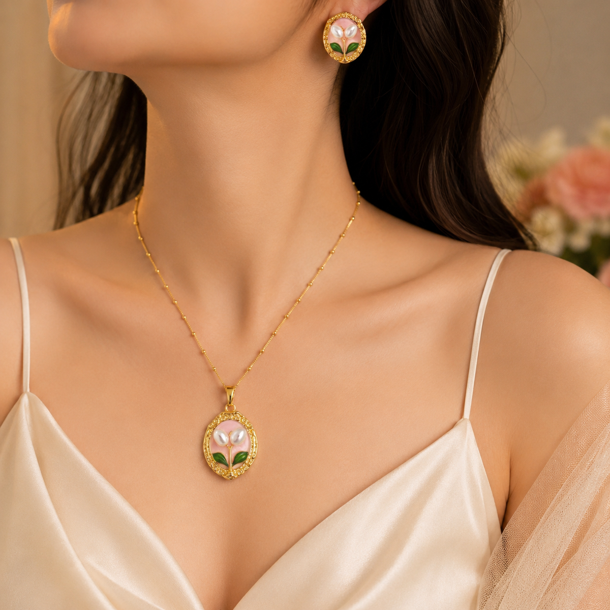 Vintage Enamel Floral Jewelry Set – Gold Plated Necklace and Stud Earrings with Faux Pearls