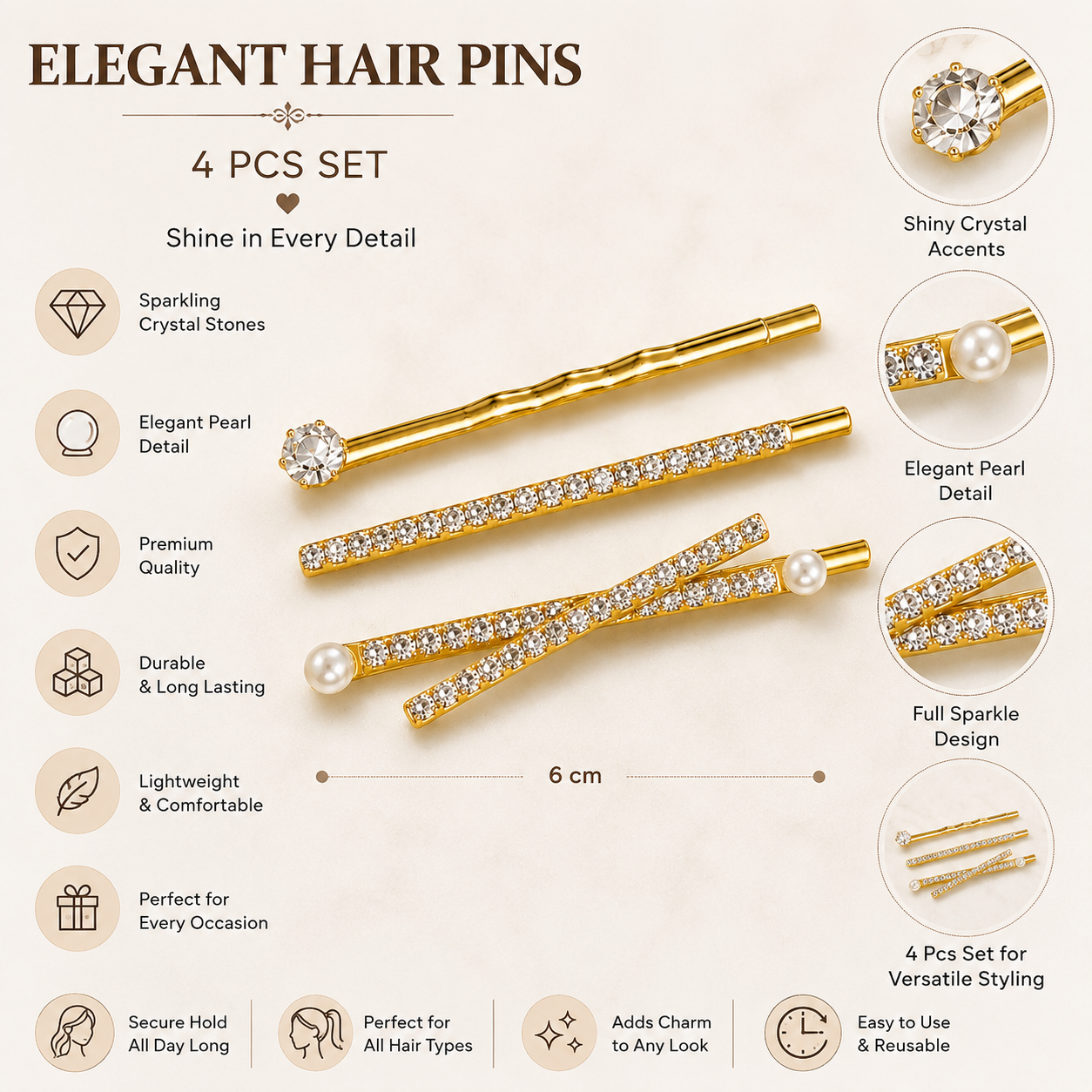 Gold Plated Crystal Rhinestone Hair Pins Set – Pearl Bobby Pins for Women (Pack of 3)
