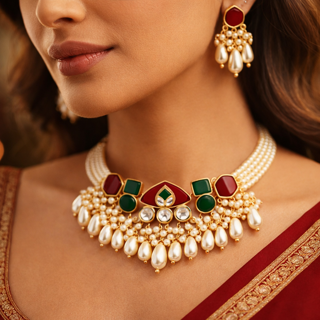 Multi-Strand Pearl Choker Necklace Set with Red & Green Kundan Pendant