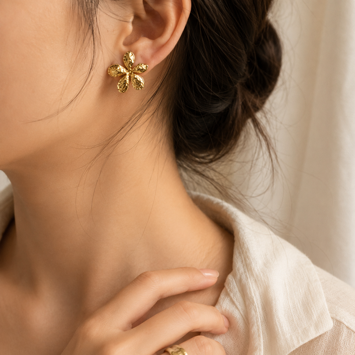Hammered Gold Flower Statement Stud Earrings