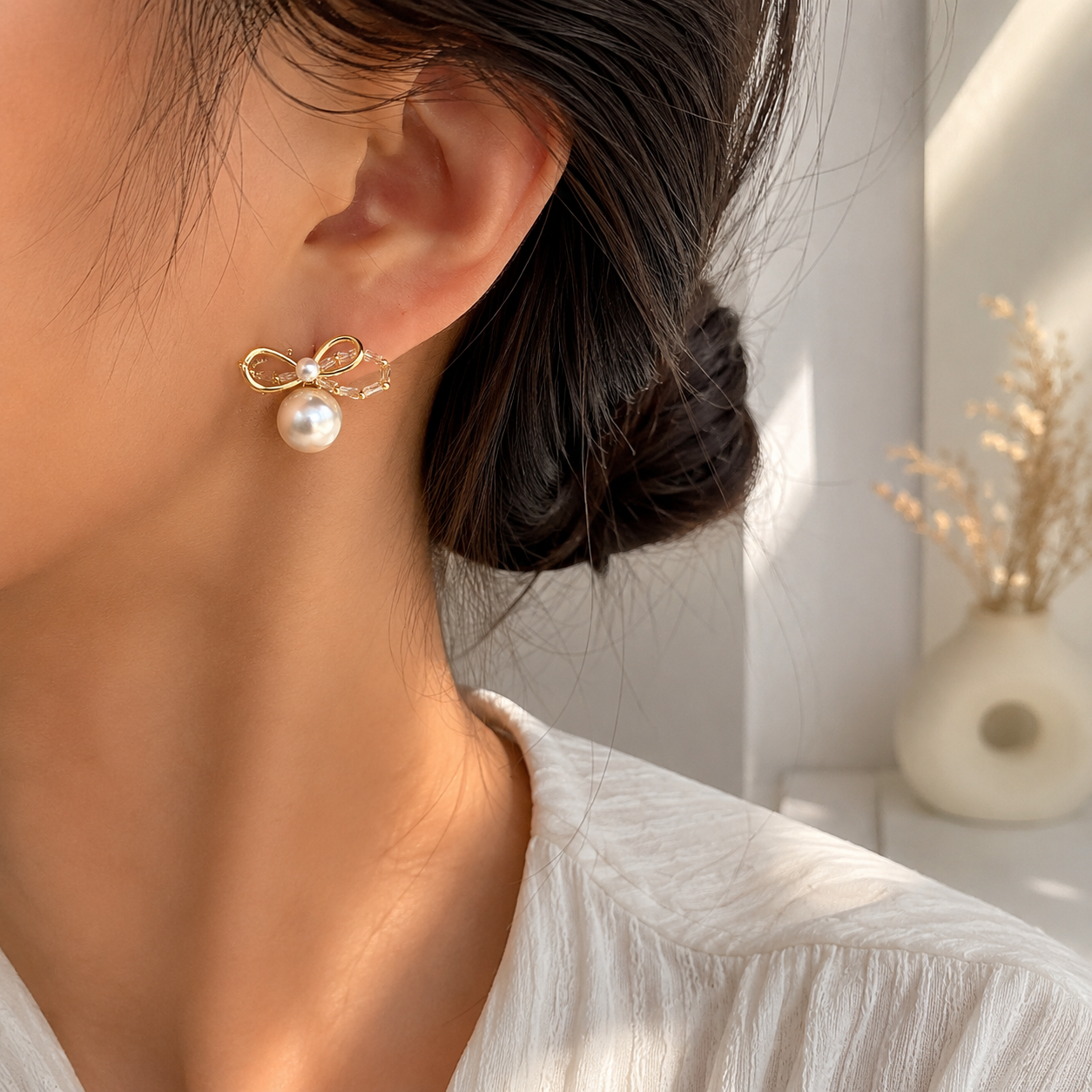 Gold Bow Ribbon Pearl Drop Earrings with Beaded Crystal Accents
