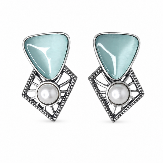 Oxidized Silver Aqua Cat's Eye Stone Pearl Stud Earrings