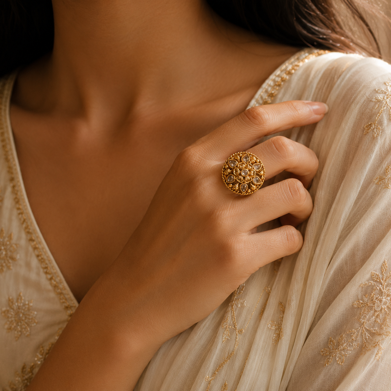 Gold Floral Filigree Teardrop Crystal Ring