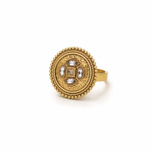 Gold Round Beaded Border Marquise Crystal Statement Ring