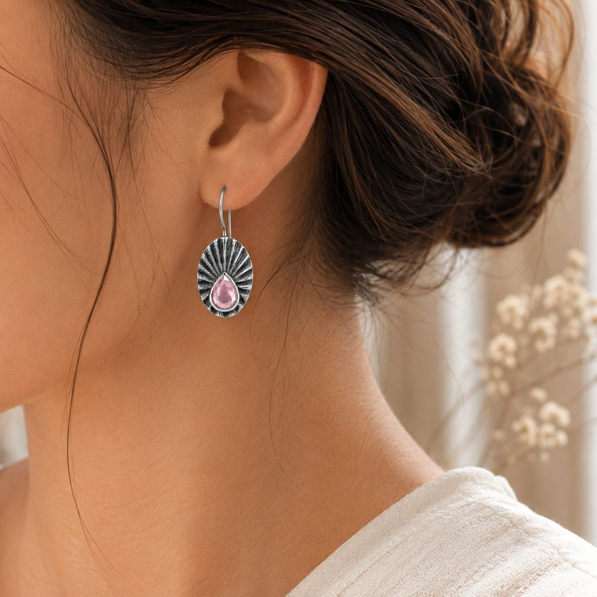 Oxidized Silver Sunburst Pink Crystal Drop Earrings