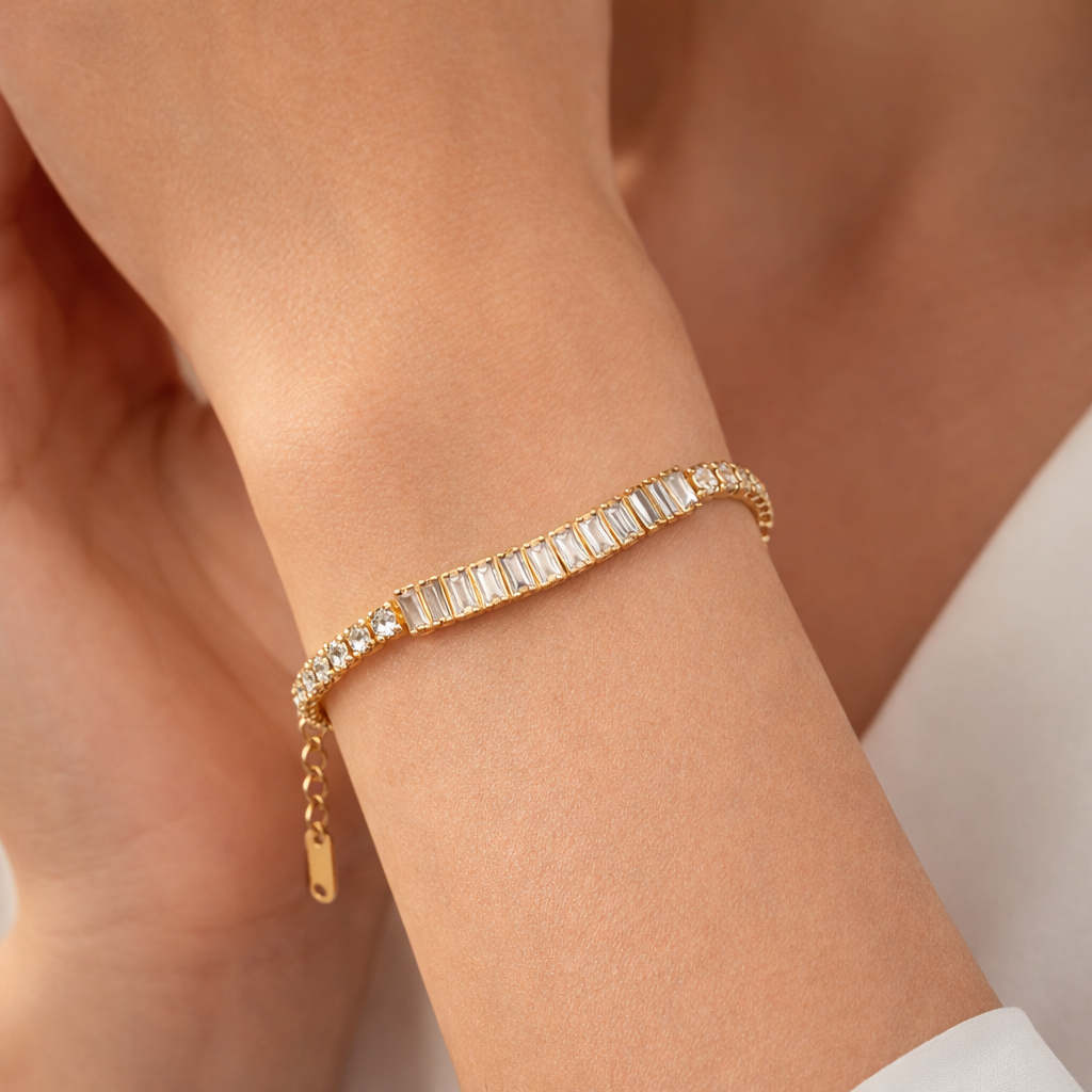 Gold Plated Mixed-Cut Tennis Bracelet – Baguette & Round Cubic Zirconia Chain