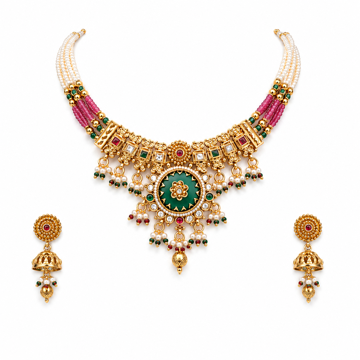Gold Kundan Temple Jewelry Necklace Set with Jhumka Earrings
