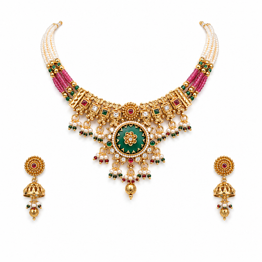 Gold Kundan Temple Jewelry Necklace Set with Jhumka Earrings